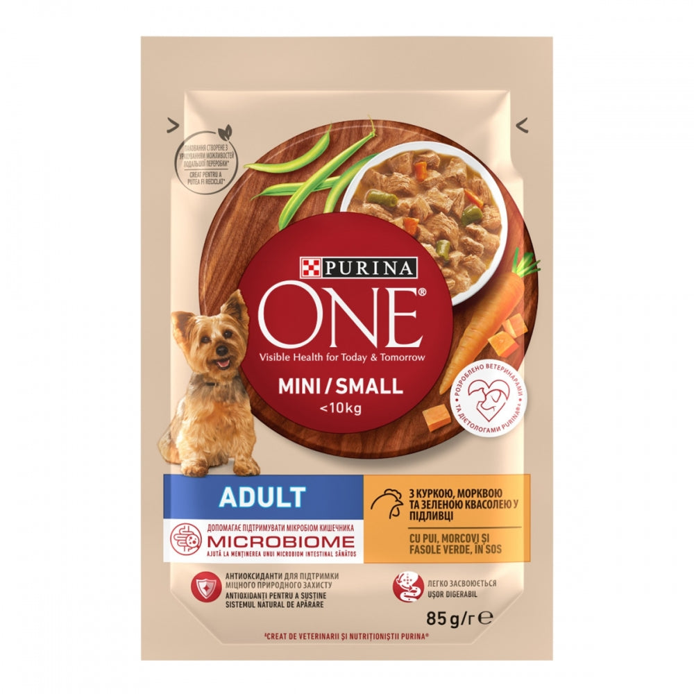 Purina One Mini, З куркою, морквою, зел, квасолею, Для дорослих собак, консерва 26×85 г