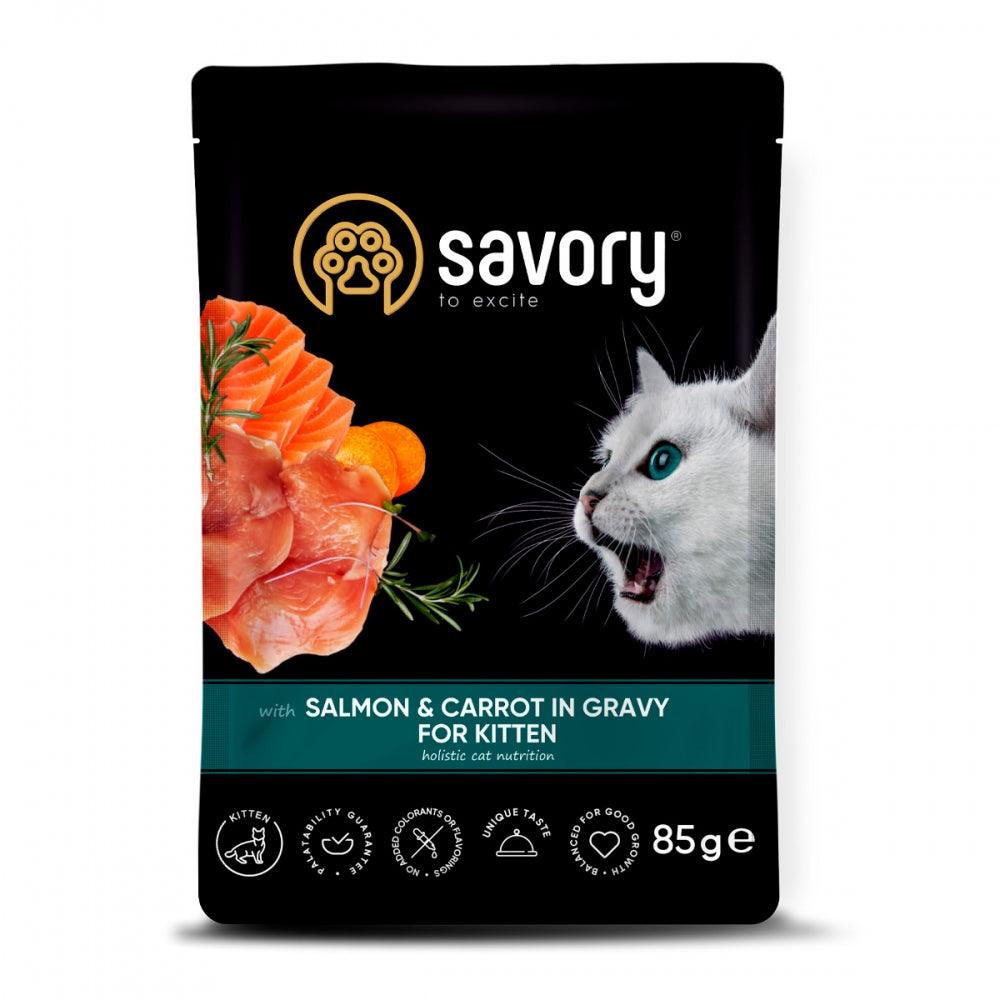 Корм вологий Savory Kitten Pouch Salmon and Carrot in Gravy для кошенят з лососем та морквою у соусі 85 г