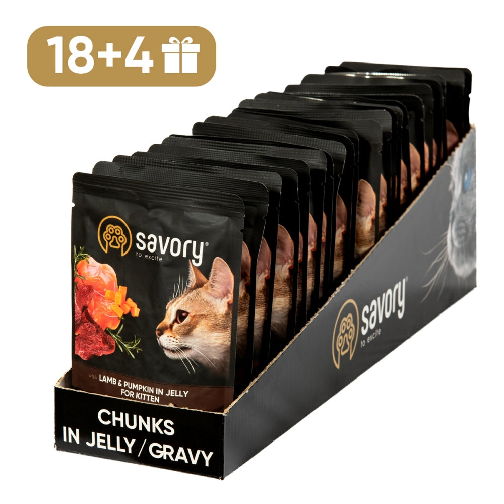 Набір вологих кормів Savory Cat Pouch for Kitten with Lamb and Pumpkin in Jelly 85 г, 18+4 шт.