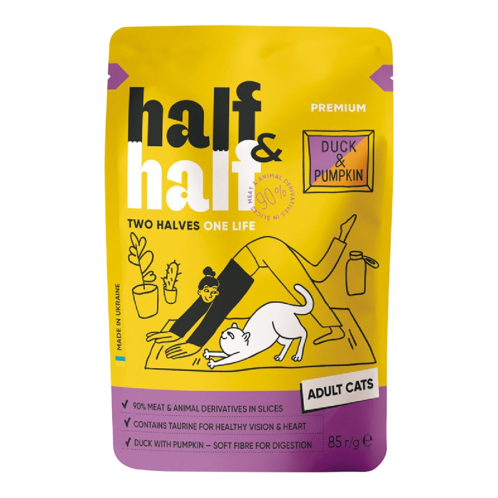 Корм вологий Half&Half для дороcлих котів з качкою та гарбузом в соусі 85 г