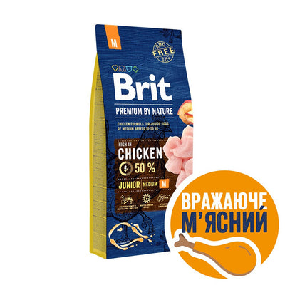 Корм сухий Brit Premium Dog Junior M для цуценят та молодих собак середніх порід від 1 до 12 місяців вагою 10-25 кг з куркою 15 кг