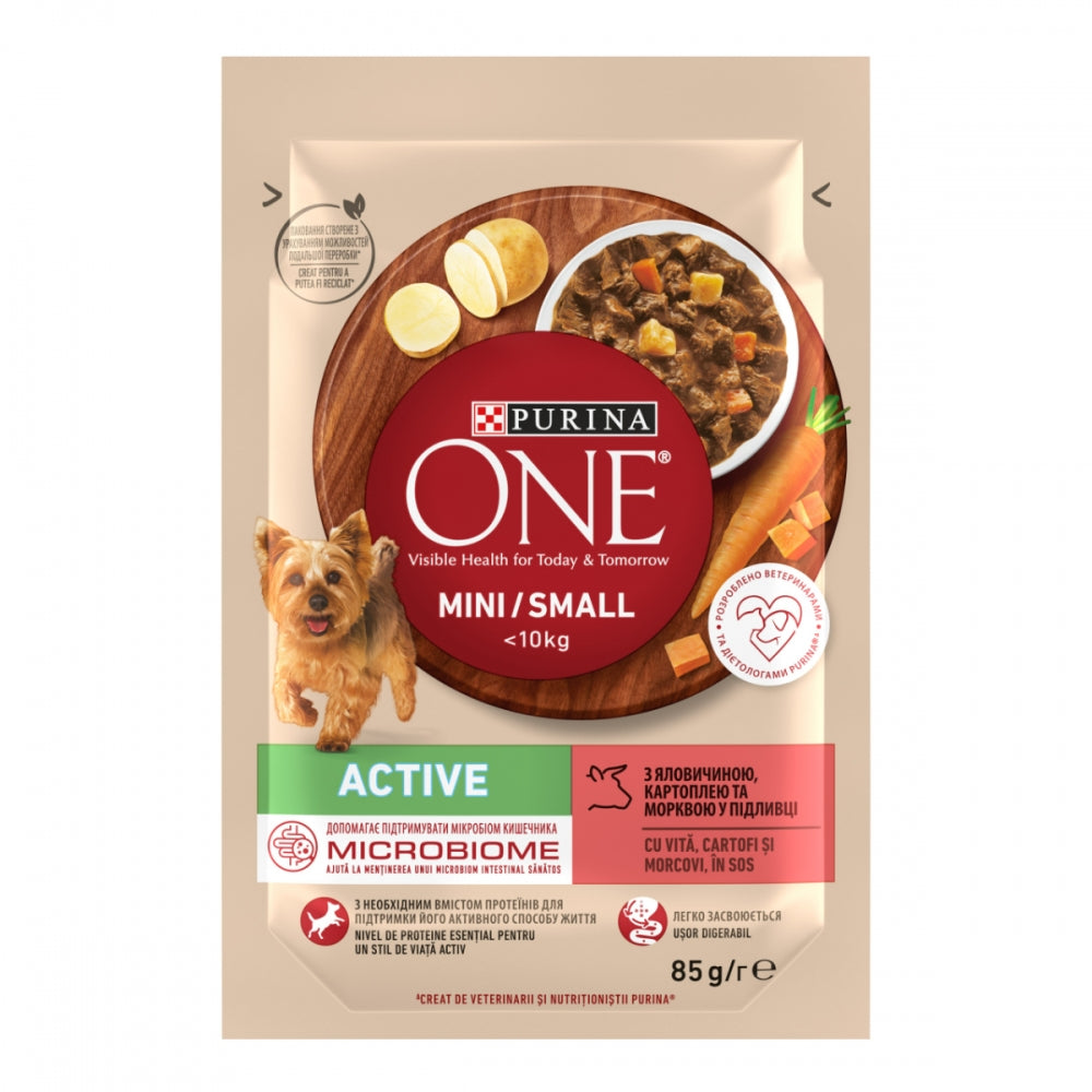 Purina One Mini Active, З яловичиною, картоплею, морквою, Для активних собак, консерва 26×85 г