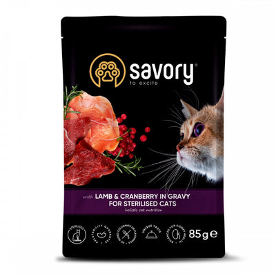Корм вологий Savory Sterilised Cat Pouch Lamb and Cranberry in Gravy для стерилізованих котів з ягням та журавлиною у со
