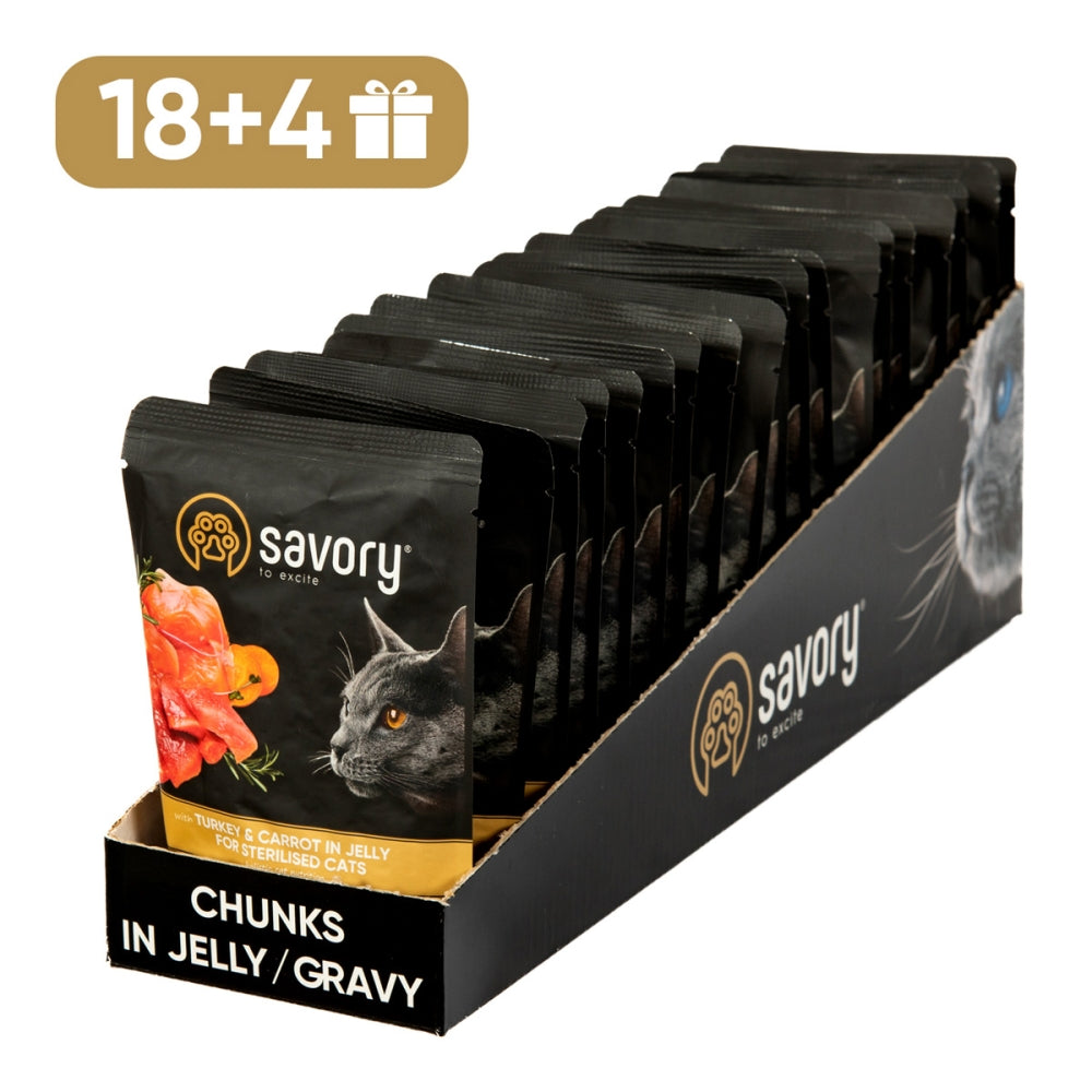 Набір паучів Savory Sterilised Cats with Turkey and Carrots in Jelly 3+1