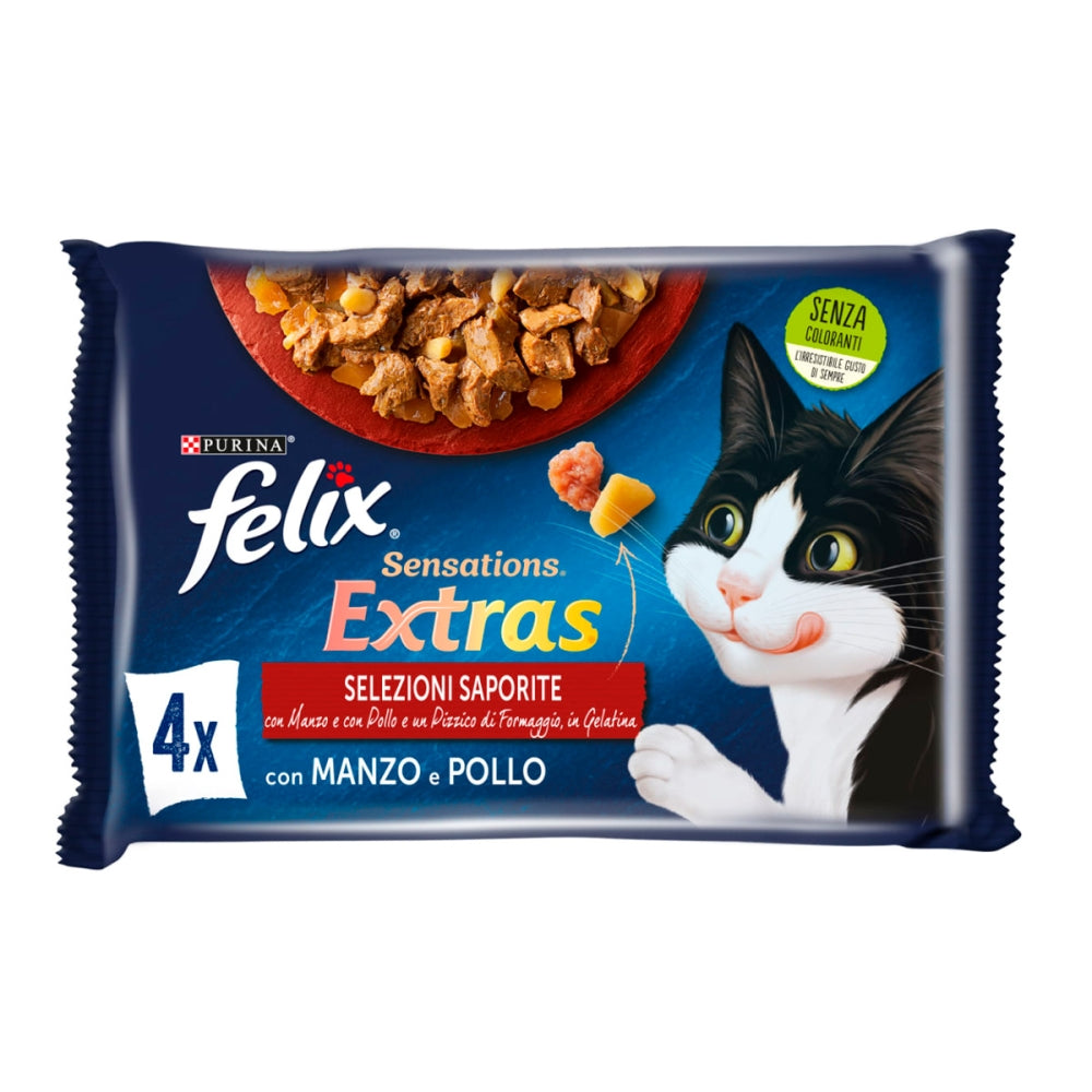 Felix Sensations Extras з яловичиною, куркою у желе для котів, М/у 4×85 г