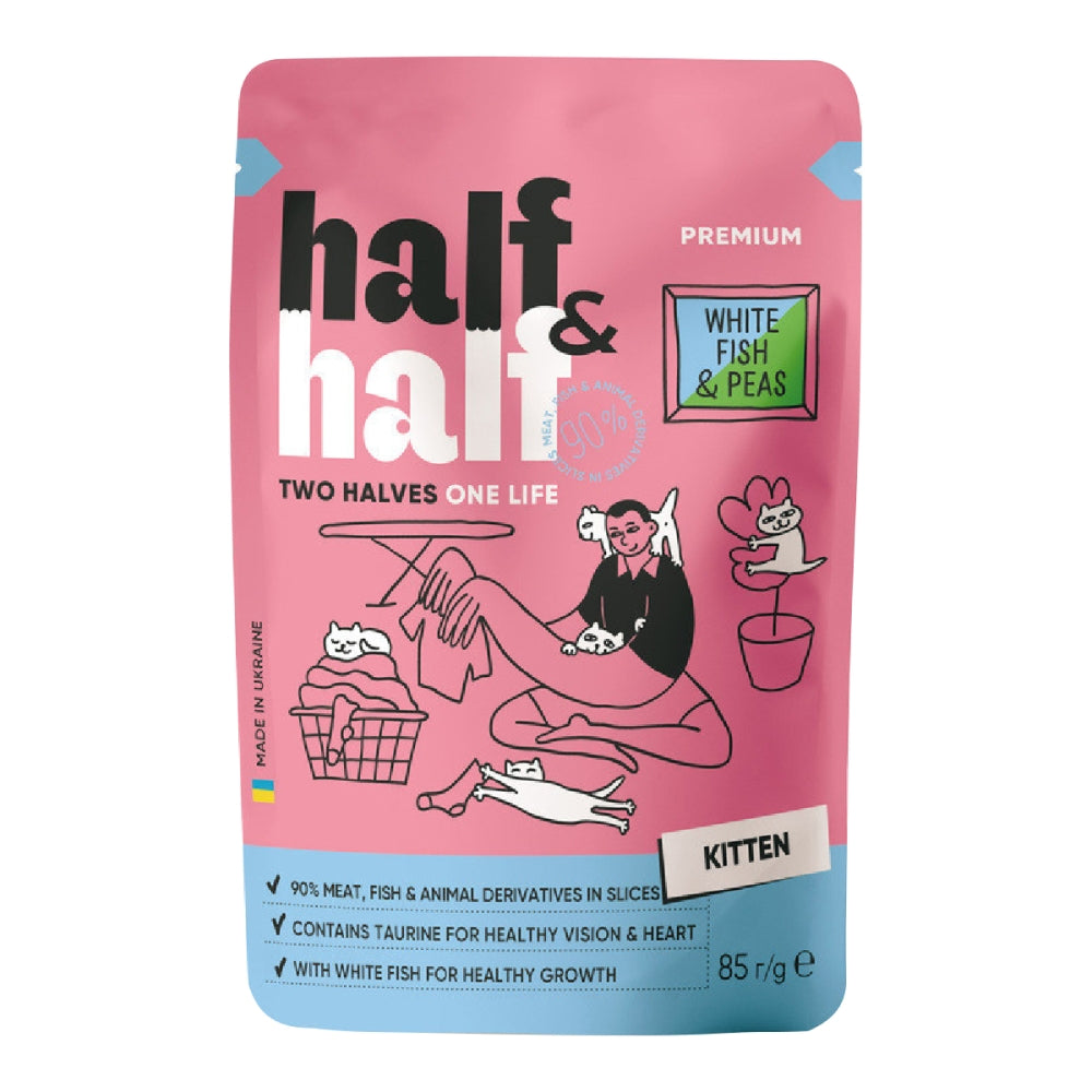 Корм вологий Half&Half для кошенят з білою рибою та горохом в желе 85 г