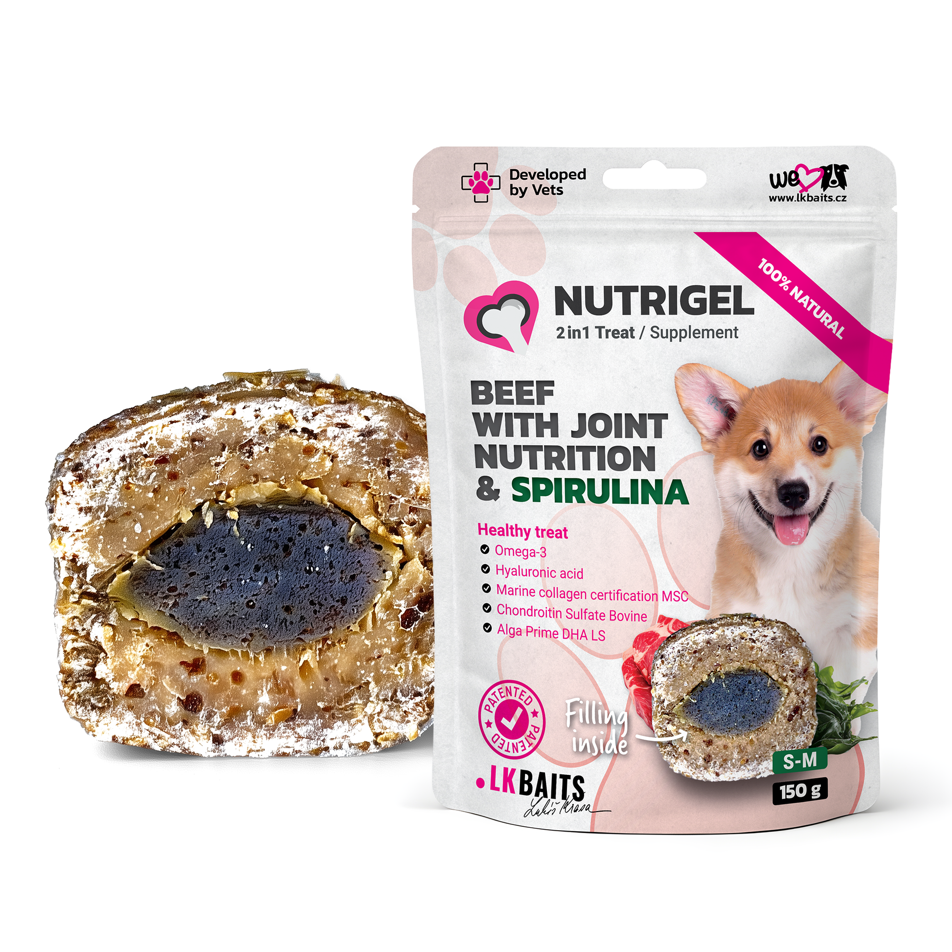 LK Baits Pet Nutrigel Beef S-M Функціональні ласощі для собак для суглобів з яловичиною і спіруліною (Ø 15 мм), 150 г