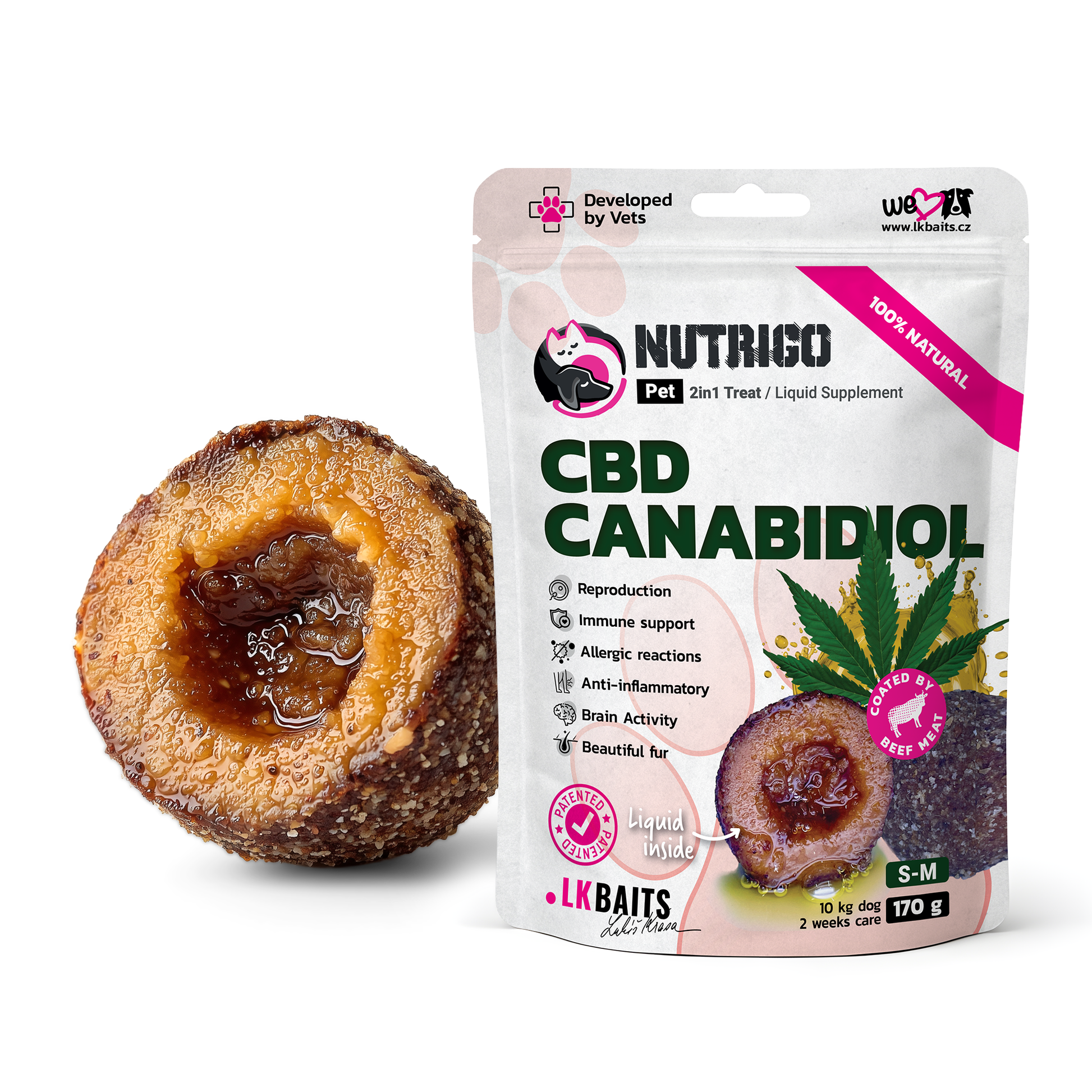 LK Baits Pet Nutrigo CBD S-M Функціональні ласощі для собак середніх порід з конопляною олією (Ø 20 мм), 170 г