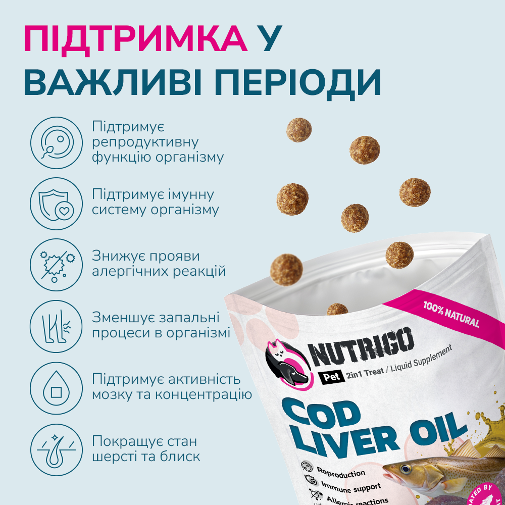 LK Baits Pet Nutrigo Cod Liver Oil S-M Функціональні ласощі для собак середніх порід з олією печінки тріски (Ø 20 мм), 1