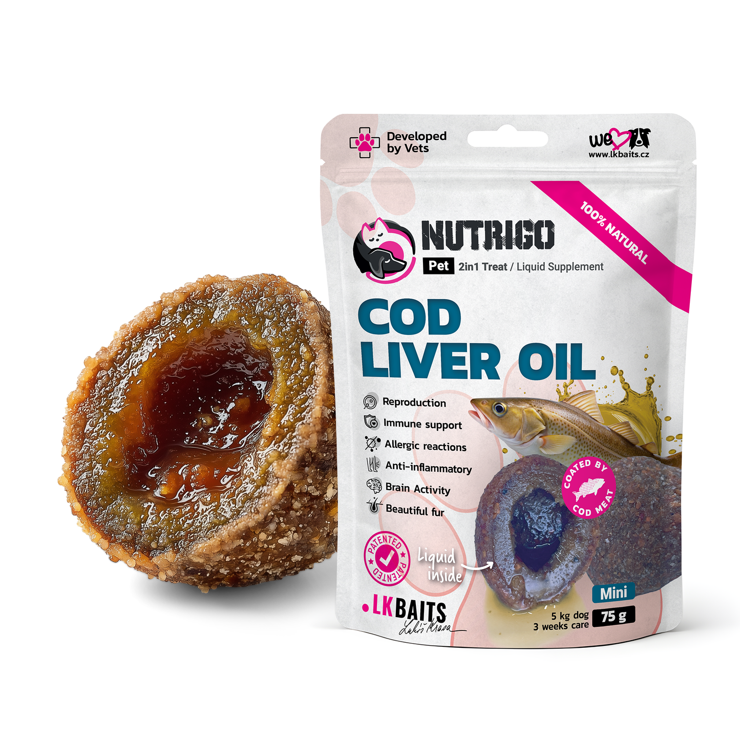 LK Baits Pet Nutrigo Cod Liver Oil Mini Функціональні ласощі для собак дрібних порід з олією печінки тріски (Ø 15 мм), 7