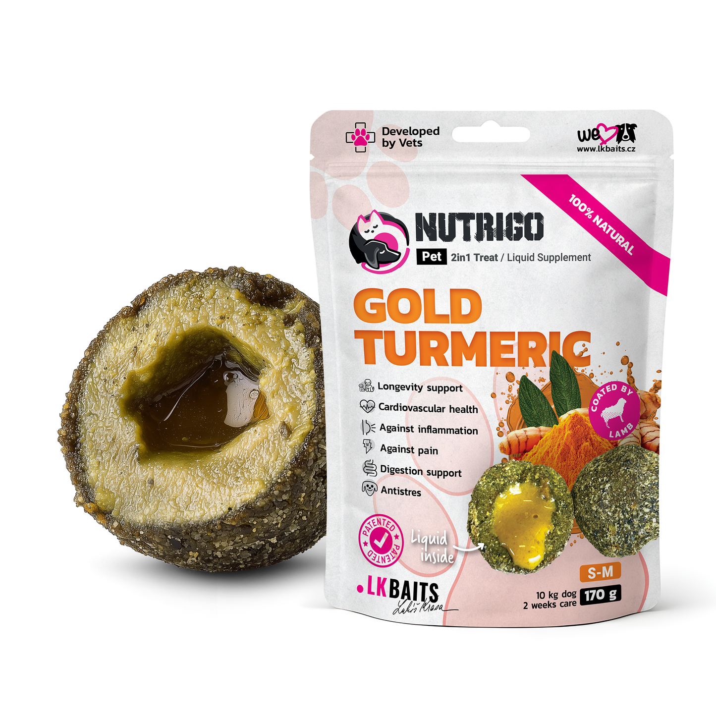 LK Baits Pet Nutrigo Gold Turmeric S-M Функціональні ласощі для собак середніх порід з куркумою (Ø 20 мм), 170 г