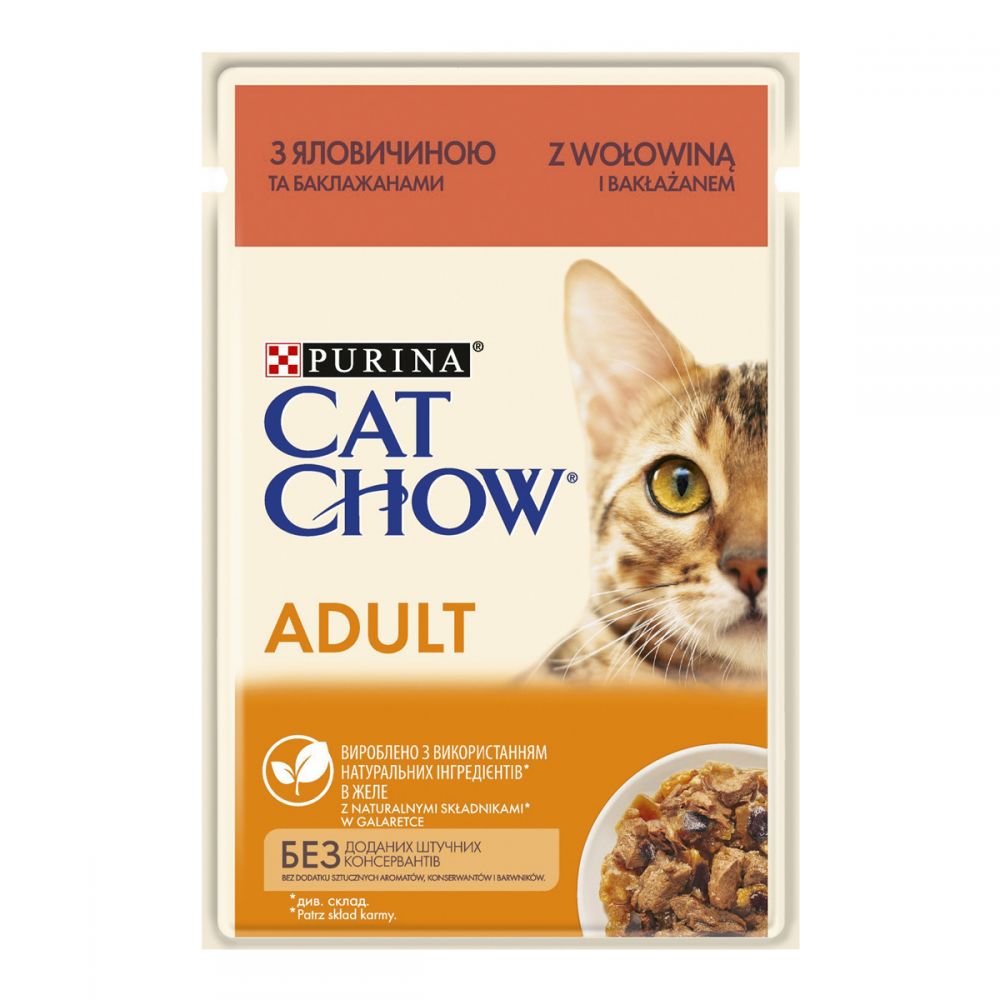 CAT CHOW ADULT, З яловичиною та баклажанами в желе, консерва 26×85 г