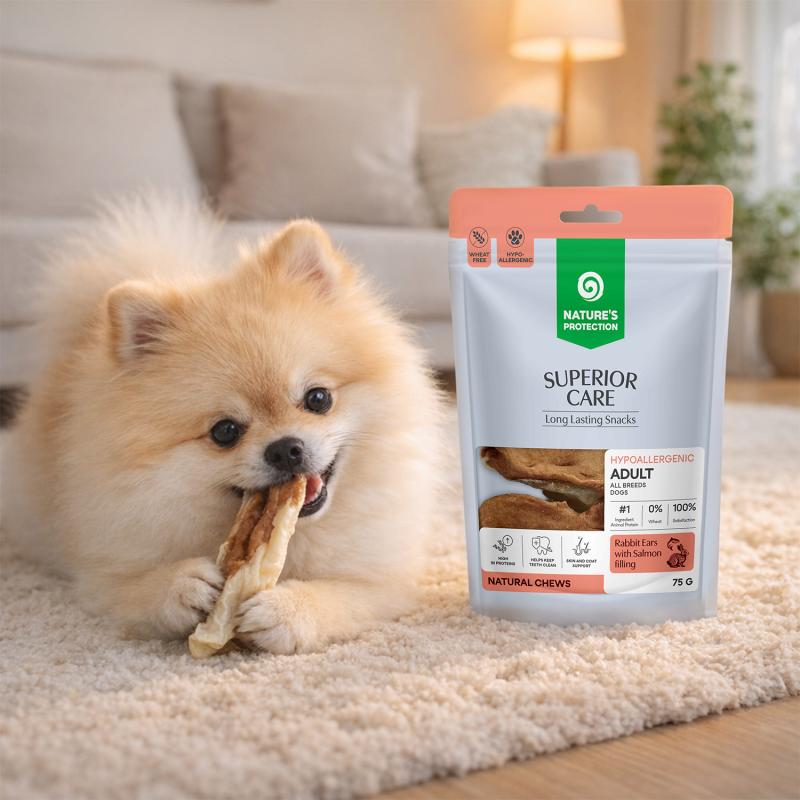 Nature's Protection Superior Care Rabbit Ears with Salmon Filling Ласощі для собак кролячі вушка з начинкою з лосося, 75