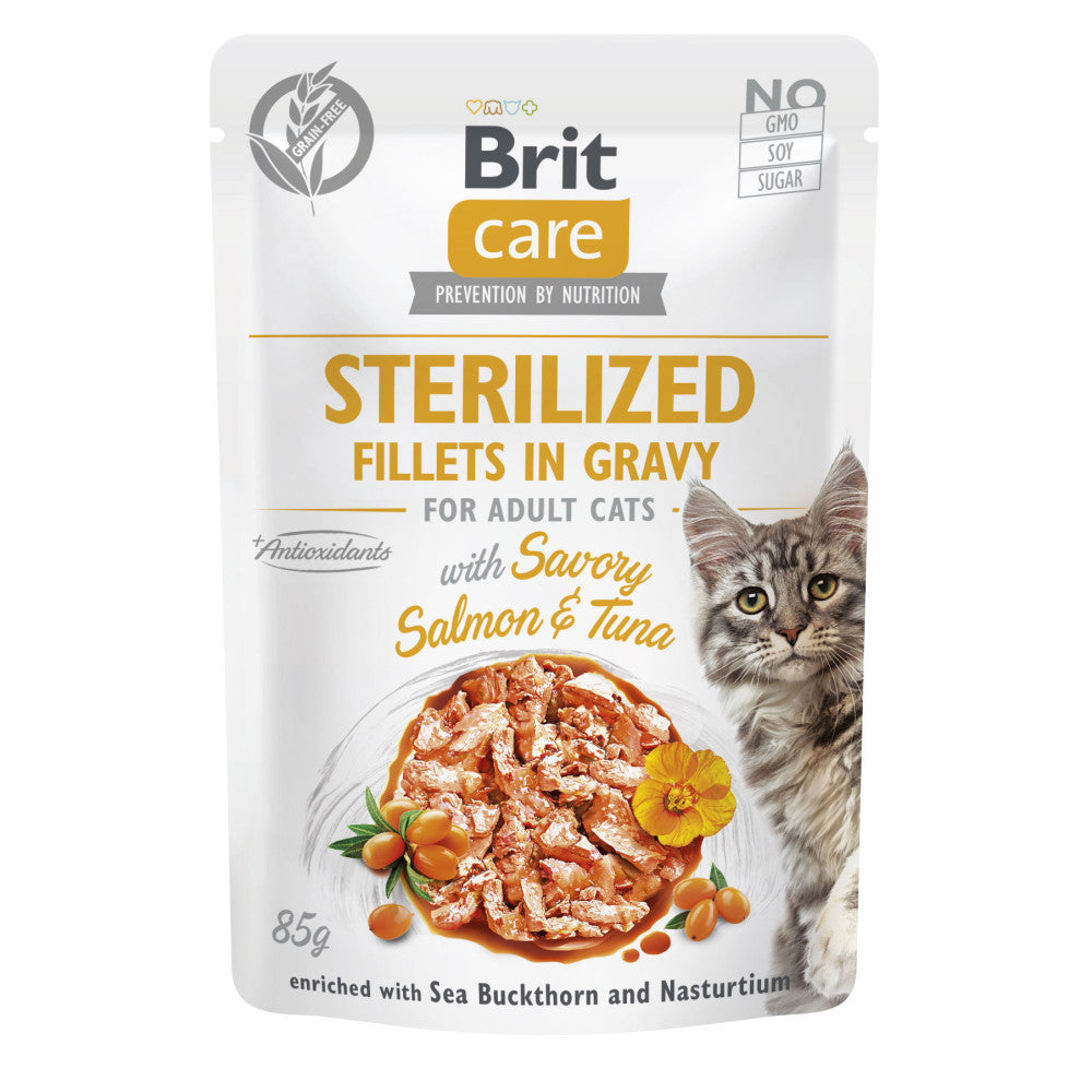 Корм вологий Brit Care Fillets in Gravy Savory Salmon and Tuna Sterilized д/стерилізованих котів філе в соусі з лососем і тунцем 85 г