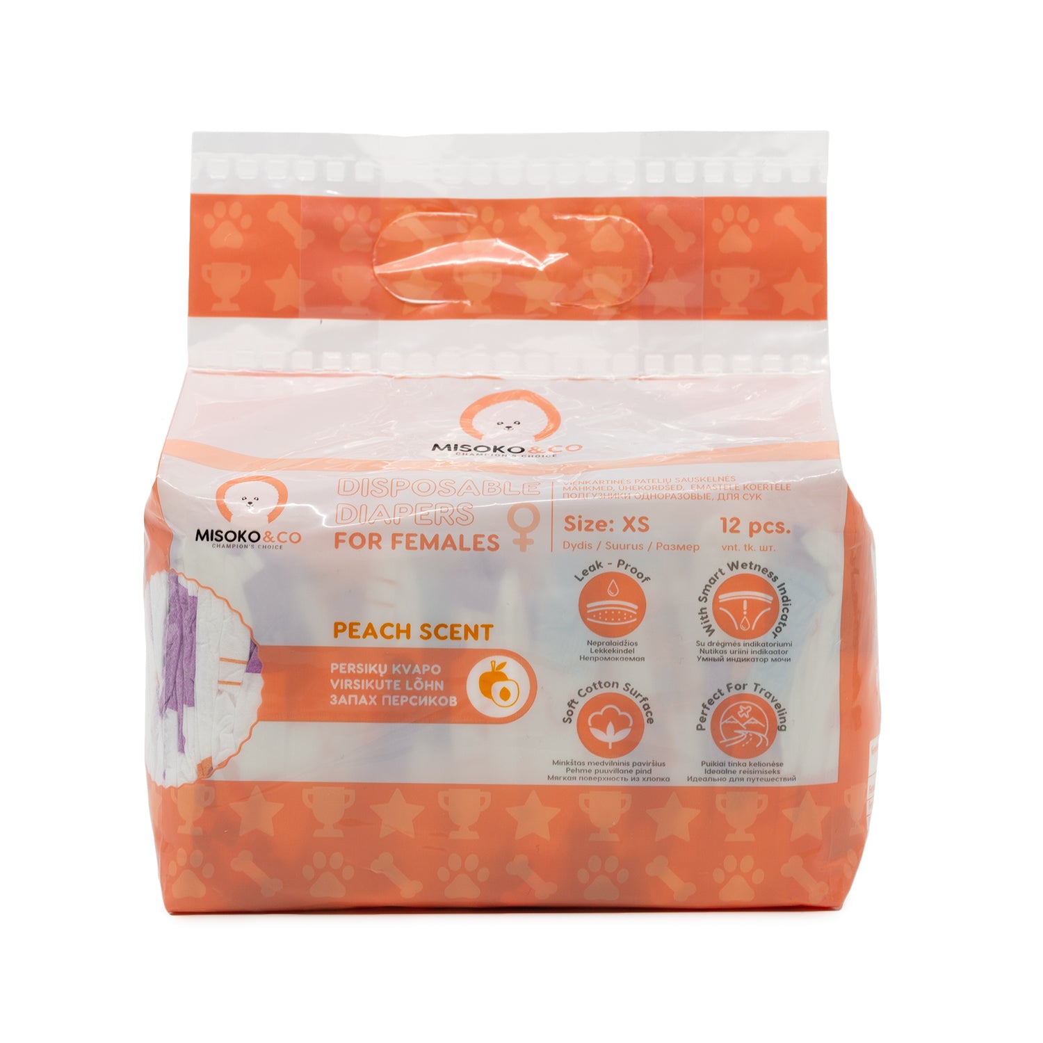 MISOKO Одноразові підгузки для собак-сук з індикатором вологості та ароматом персика (цуценята та кісточки), XS