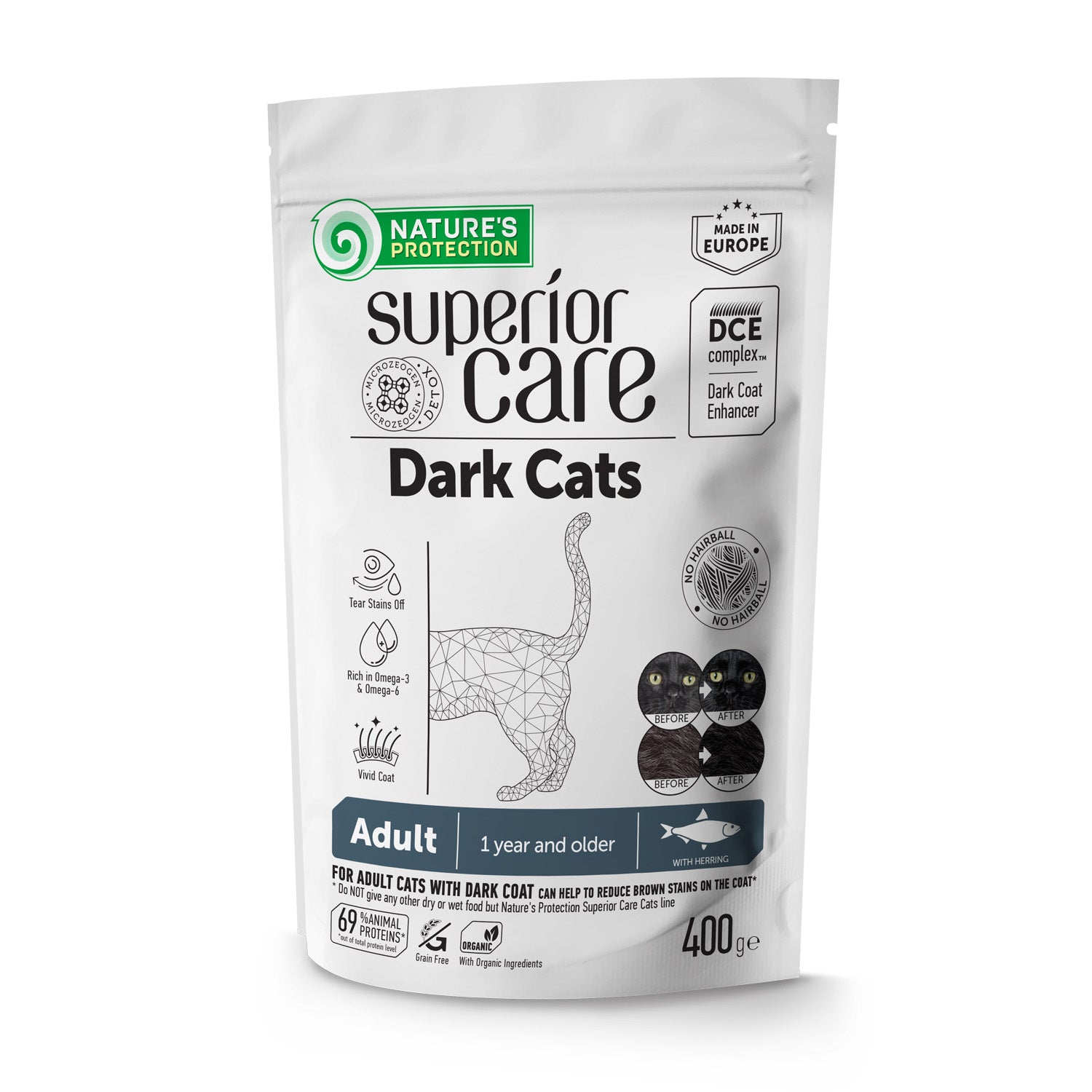 Nature's Protection Superior Care Dark Cats Grain Free Herring Сухий беззерновий корм для дорослих котів з темним забарв