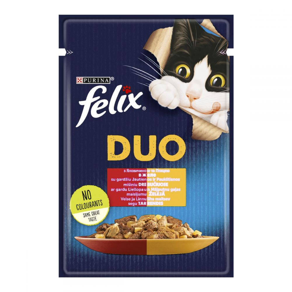 FELIX Fantastic Duo, З яловичиною та птицею, Шматочки у желе, консерва 26×85 г