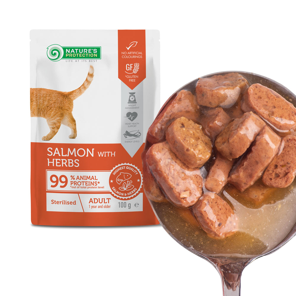 Nature’s Protection Adult cats Sterilised Salmon with Herbs Вологий корм для стерилізованих котів з лососем і травами, 1