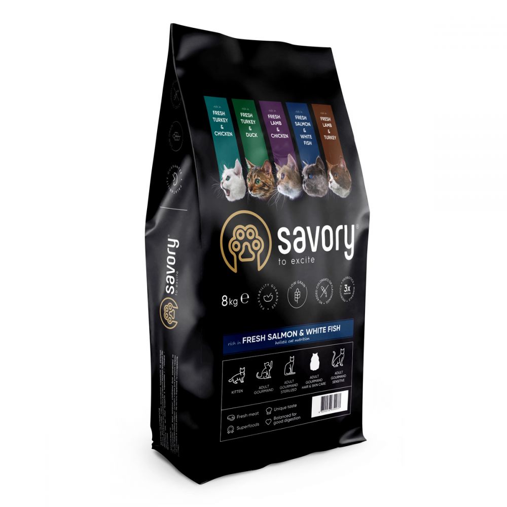 Корм сухий Savory Adult Cat Gourmand Fresh Salmon and White Fish для довгошерстих котів зі свіжим.лососем і білою.рибою 