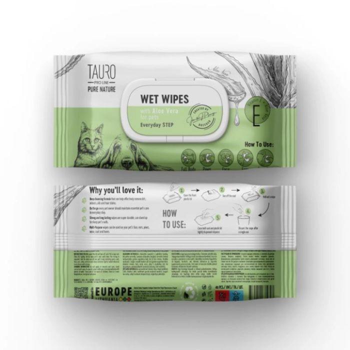 Tauro Pro Line Pure Nature Aloe Vera Вологі серветки для догляду за шерстю, вухами, лапами та носом з екстрактом алое ве